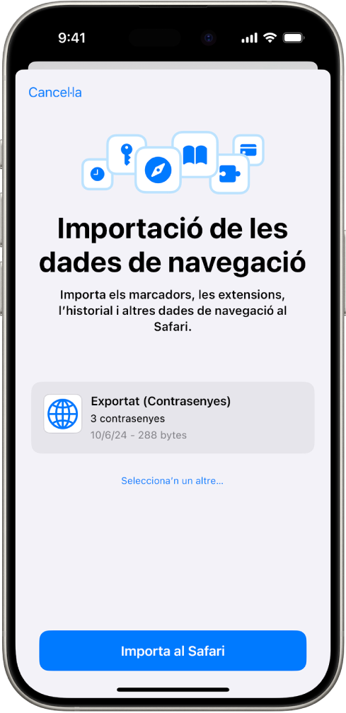 La pantalla d’importació de les dades de navegació, en què es mostra l’arxiu CSV de contrasenyes d’un altre gestor de contrasenyes que s’importarà.