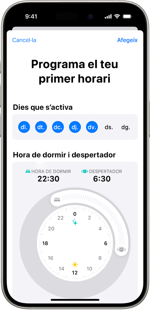 La pantalla de programació del primer horari a l’app Salut, amb una secció de dies que s’activa i un rellotge per anar‑se’n a dormir i despertar‑se.