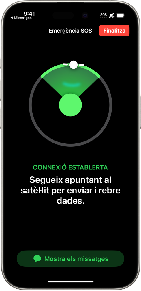 La pantalla d’avís d’emergència SOS, que mostra que el telèfon està connectat i ensenya l’usuari com seguir apuntant al satèl·lit. A la part inferior de la pantalla hi ha el botó “Mostra els missatges”.