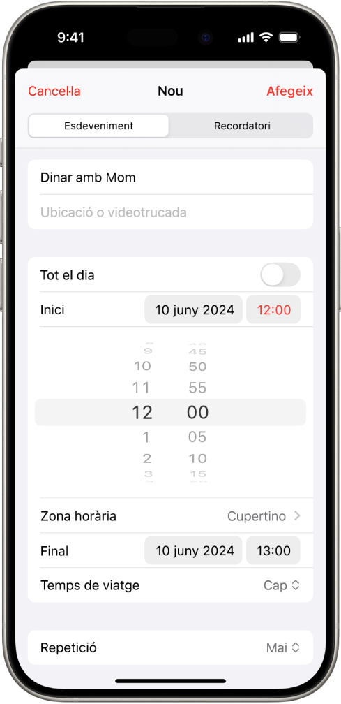 Un esdeveniment del calendari mostra l’hora i la zona horària d’un esdeveniment.