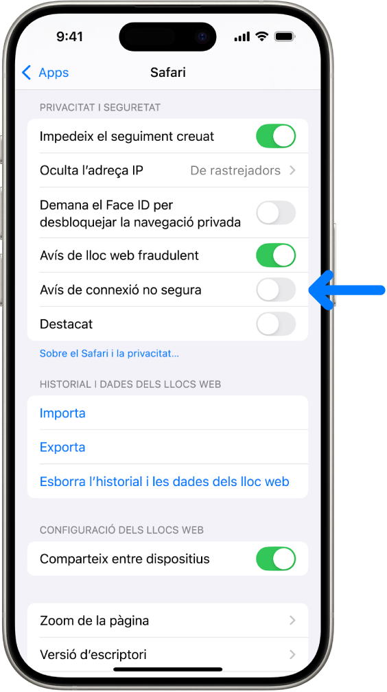 El control de l’avís de connexió no segura, inclòs a la configuració de privacitat i seguretat del Safari.