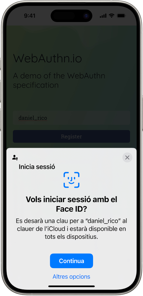 Pantalla d’inici de sessió que es mostra quan s’ha desat una clau per al compte. Els botons “Continua” i “Altres opcions” es troben a la part inferior de la pantalla.