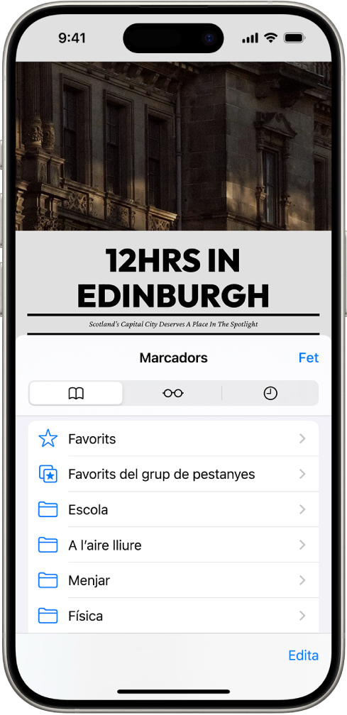 La finestra dels marcadors mostra les opcions per veure els marcadors, la llista de lectura i l’historial de navegació.