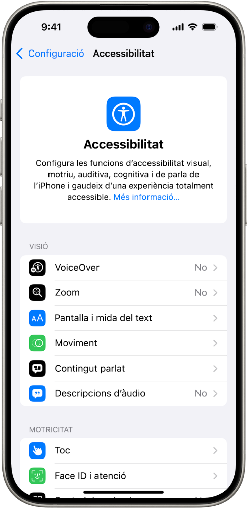 La pantalla d’accessibilitat a l’app Configuració mostrant funcions integrades per al suport visual, físic i motor. Desplaça’t cap avall per veure funcions per a l’audició, la parla i generals.