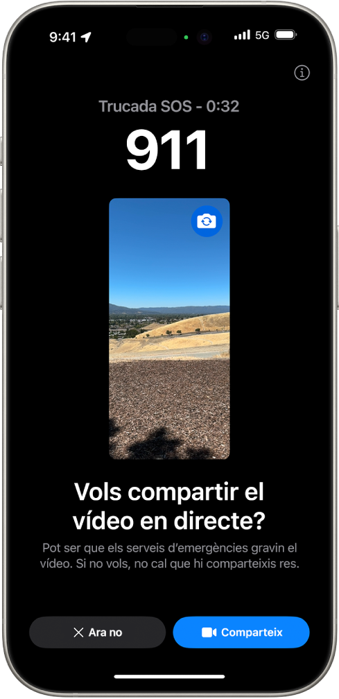Un pantalla de vídeo en directe de l’avís d’emergència SOS que mostra una trucada d’emergència al número 112 amb una previsualització del vídeo al centre. A la part inferior, hi ha els botons “Ara no” i “Vídeo compartit”.