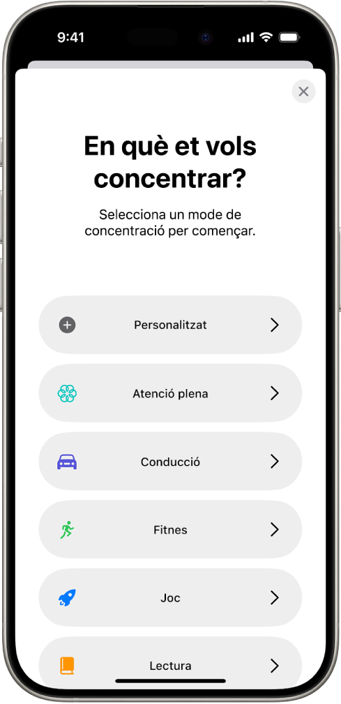 Pantalla de configuració dels modes de concentració de les opcions de concentració addicionals proporcionades, incloses “Personalitzat”, “Conducció”, “Fitnes”, “Jocs”, “Atenció plena” i “Lectura”.