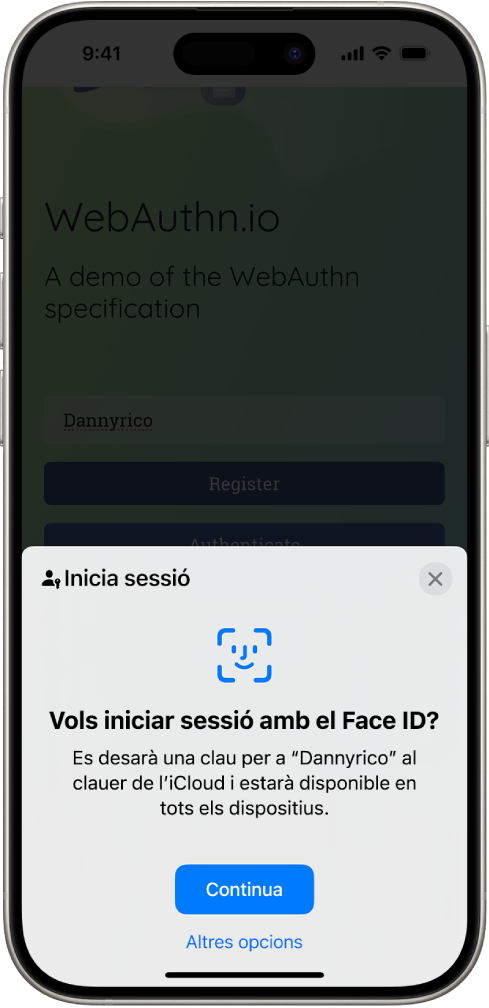 La meitat inferior de la pantalla de l’iPhone permet utilitzar claus per iniciar sessió als llocs web. Té el botó “Continua” per desar una clau i el botó “Altres opcions”.