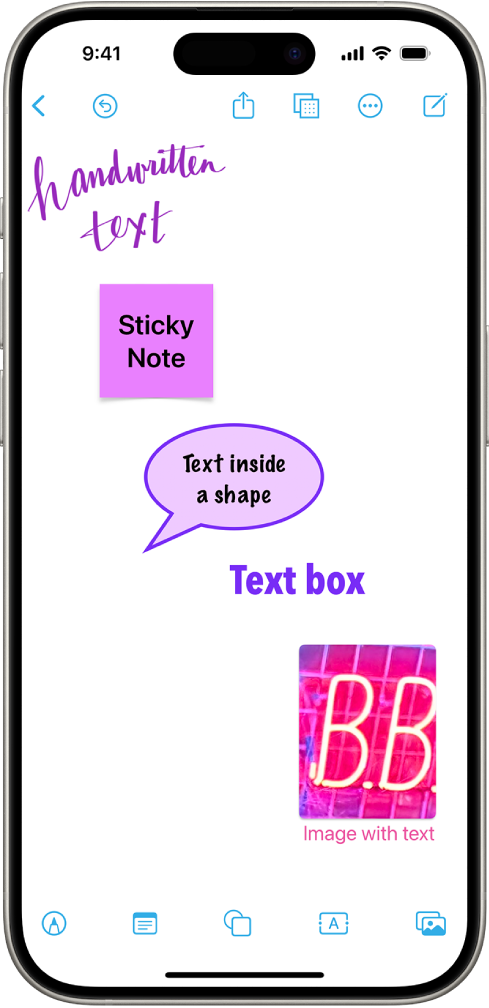 Una pissarra de l’app Freeform amb un dibuix, una nota adhesiva, una forma, un quadre de text i una imatge corresponents als botons de la part inferior de la pantalla.
