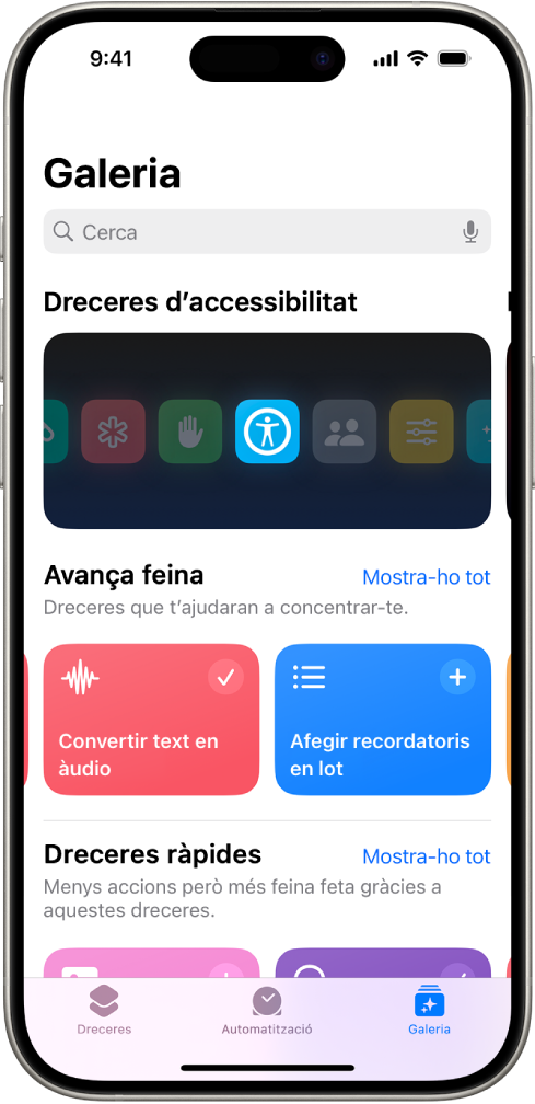 La pantalla de la galeria de l’app Dreceres amb un camp de cerca al capdamunt. A sota hi ha tres galeries: “Dreceres d’accessibilitat”, “Avança feina” i “Dreceres ràpides”. A la part inferior de la pantalla hi ha els botons “Dreceres”, “Automatització” i “Galeria”. El botó “Galeria” està seleccionat.