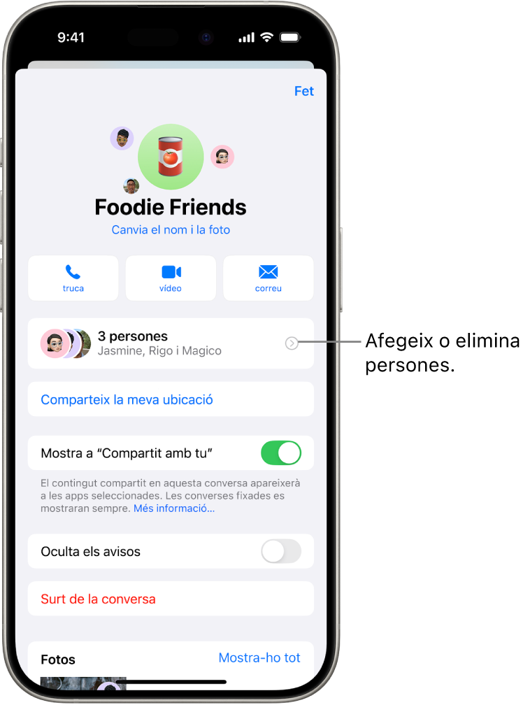 Els detalls de la conversa per a un grup.