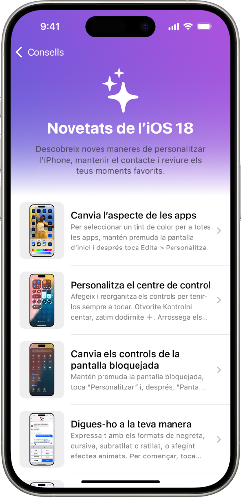 Pantalla que mostra una col·lecció de consells amb fletxes que indiquen que pots tocar una col·lecció per veure els consells que conté.