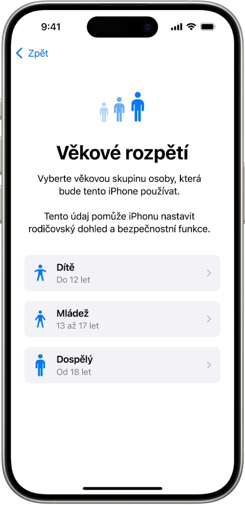 Obrazovka nastavení věkového rozpětí. V seznamu jsou uvedena tři věková rozpětí: Dítě (12 let nebo mladší), Mládež (13 až 17 let) a Dospělý (18 a více let).