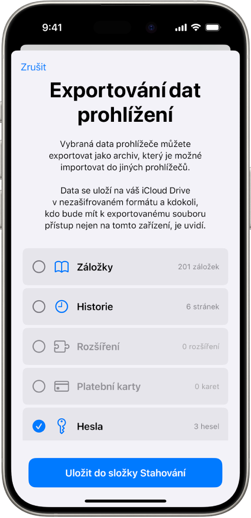 Obrazovka „Exportování dat prohlížení“ s vybranou volbou Hesla pro export do jiného správce hesel