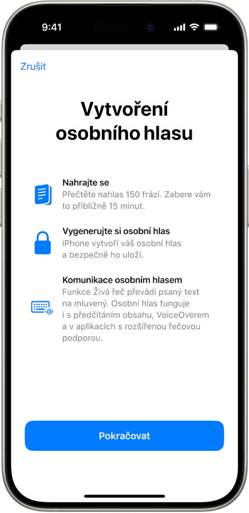 Na iPhonu se zobrazují informace o tom, jak si vytvořit osobní hlas