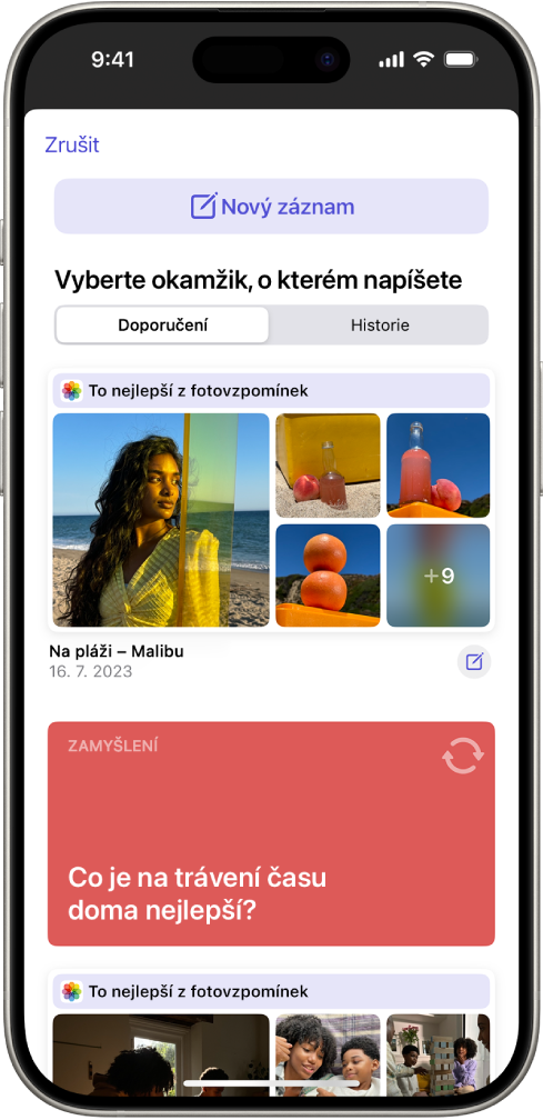 Obrazovka s tlačítkem Nový záznam u horního okraje a návrhy na psaní deníku pod ním