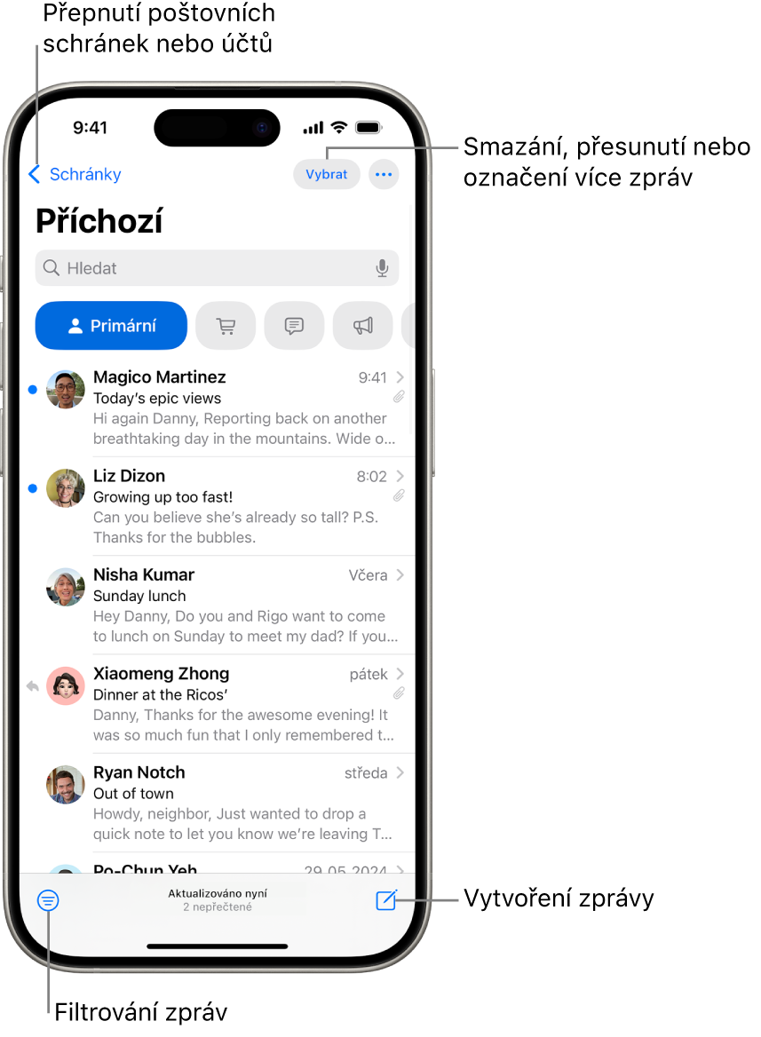 Schránka Příchozí v aplikaci Mail se seznamem e‑mailů.