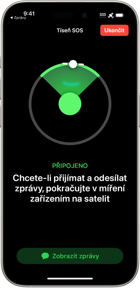 Obrazovka funkce Tíseň SOS s informací, že je telefon připojený, a s pokynem pro uživatele, aby jím dál mířil na satelit. V dolní části obrazovky je vidět tlačítko Zobrazit zprávy.
