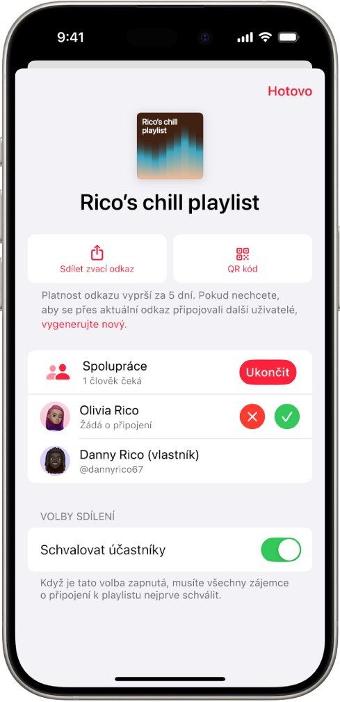 Obrazovka správy spolupráce v aplikaci Hudba