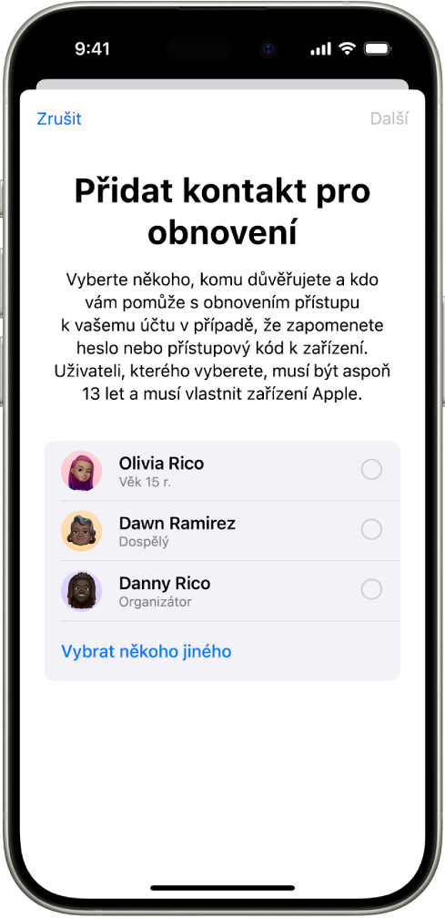 Obrazovka „Přidat kontakt pro obnovení“