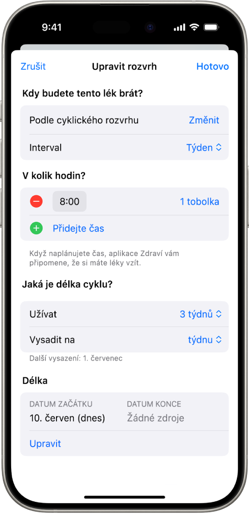 Obrazovka Léky v aplikaci Zdraví zobrazující možnosti změny rozpisu léků.