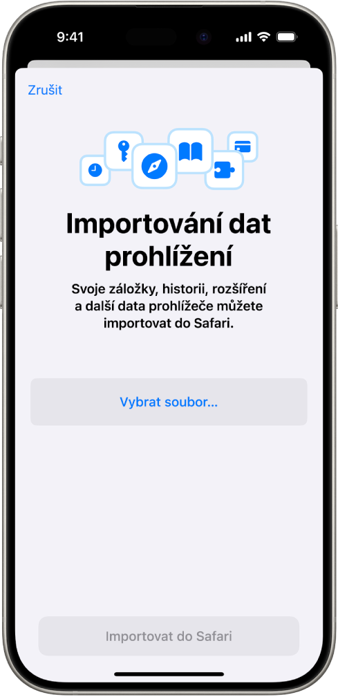 Obrazovka „Importování dat prohlížení“ s daty z jiného prohlížeče, která se uživatel chystá importovat do Safari.