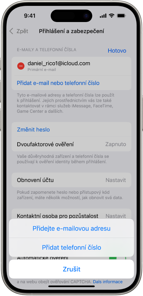 Obrazovka Přihlášení a zabezpečení v Nastavení