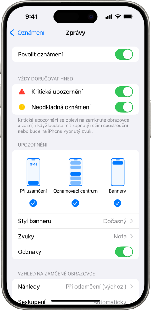 iPhone s nastavením aplikace Zprávy pro oznámení a upozornění.