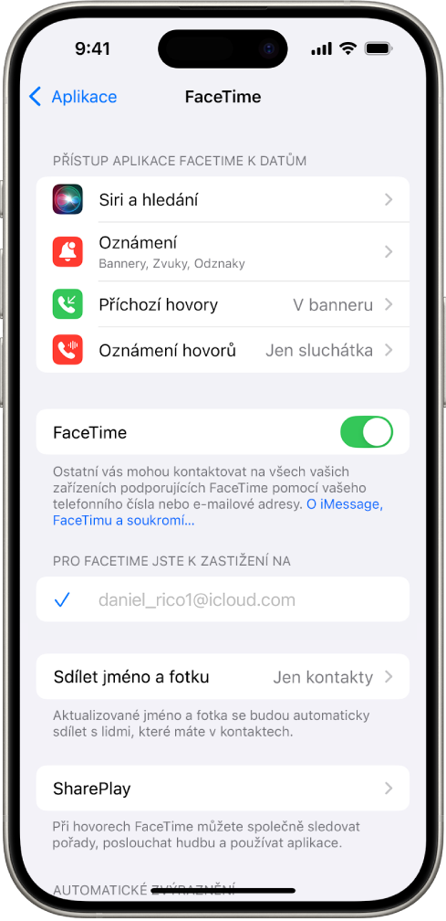 Obrazovka nastavení FaceTimu s přepínačem, kterým lze FaceTime zapnout nebo vypnout, a s polem účtu Apple, který používáte pro FaceTime.