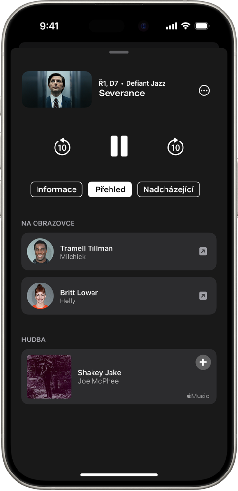 Obrazovka InSight v aplikaci Apple TV znázorňující herce a hudbu přehrávanou v pořadu výše.