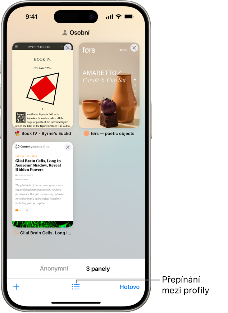 Displej iPhonu s otevřenými panely Safari. U dolního okraje displeje se nachází ikona skupiny panelů Safari. Klepnutím na tuto ikonu můžete přepínat mezi profily.