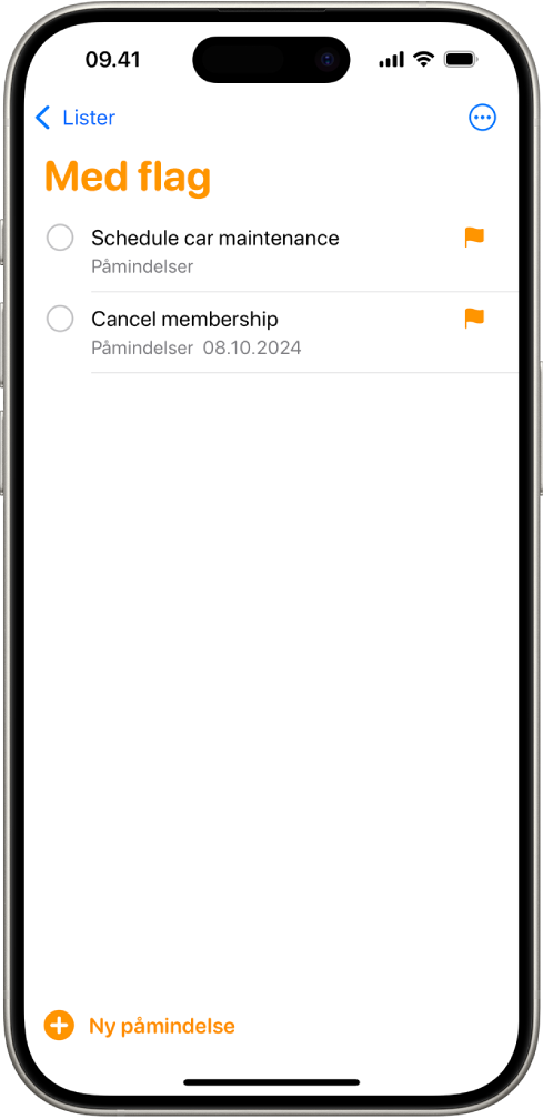 En skærm i Påmindelser, der viser en smart liste, som indeholder alle emner med flag.
