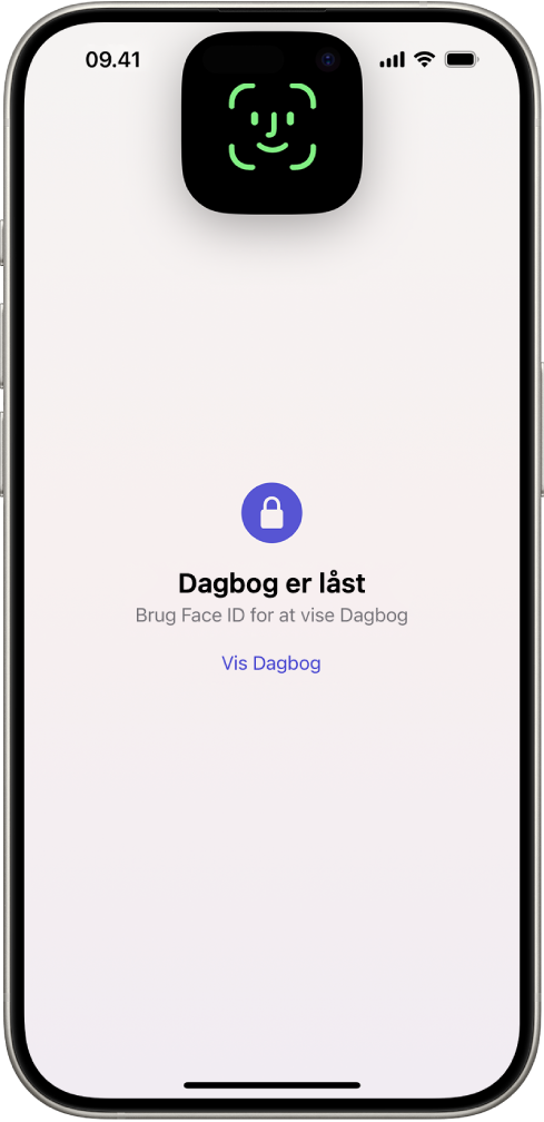 En skærm, der beder dig om at bruge Face ID til at låse din dagbog op.