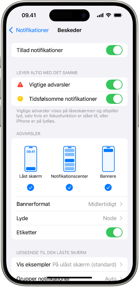 iPhone med indstillinger til notifikationer og alarmer.