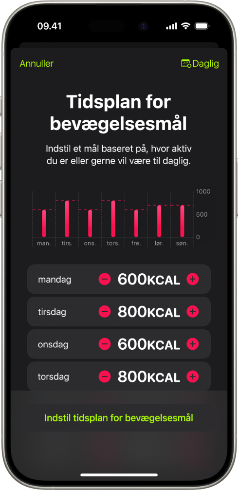 Skærmen Tidsplan for bevægelsesmål i Fitness, der viser knapper til at forøge eller reducere bevægelsesmålet efter dagen i ugen.