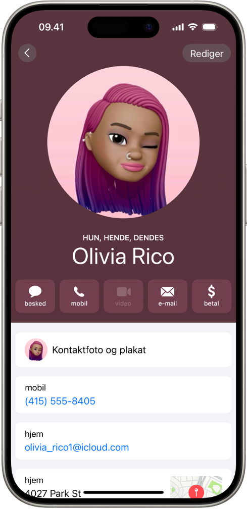En kontakt, der hedder Olivia Klausen, med pronominerne hun, hende og hendes under kontaktfotoet. Under hendes navn er der knapper til at sende en besked, ringe, sende e-mail og bruge Apple Pay. Nederst på skærmen findes kontaktens mobilnummer og e-mailadresse.