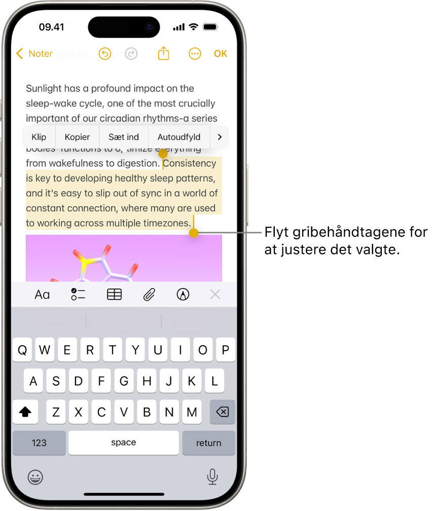 Tekst er valgt i en note i appen Noter. Over den valgte tekst findes knapperne Klip, Kopier, Sæt ind og Autoudfyld. Den valgte tekst er fremhævet, og der er gribepunkter til at justere markeringen i hver ende.