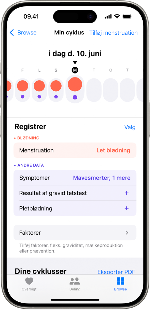 Øverst på skærmen Min cyklus vises tidslinjen for en uge. Udfyldte røde cirkler og lilla prikker markerer de første 5 dage på tidslinjen. Under tidslinjen er der muligheder for at tilføje oplysninger om menstruationer, symptomer m.m.