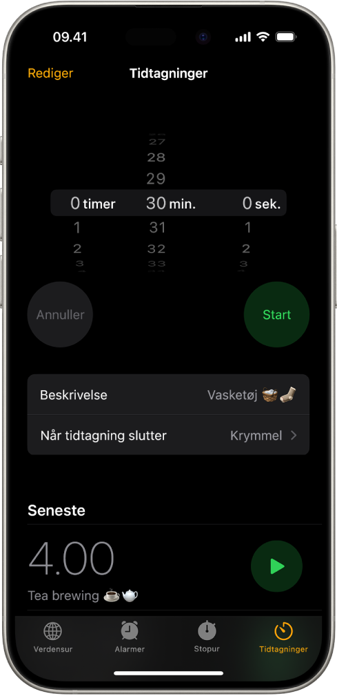 En skærm til tilføjelse af en tidtagning, med indstillinger til indstilling af en tidtagning og en knap til at starte en nyligt oprettet tidtagning.