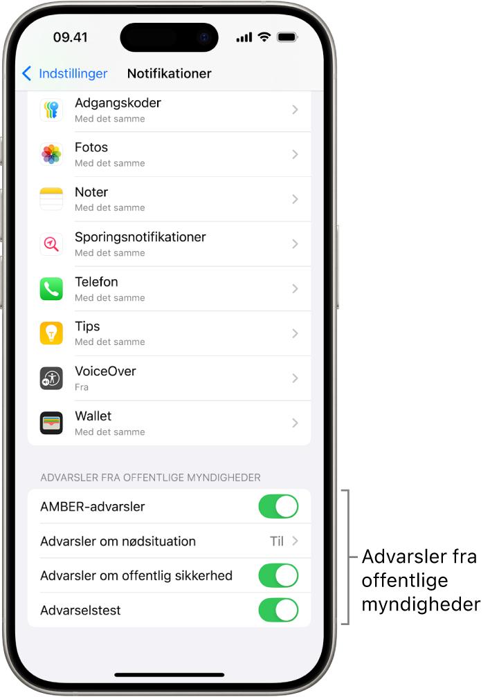 Skærmen Notifikationer, der viser Advarsler fra offentlige myndigheder, som du kan slå til for at modtage advarsler fra offentlige myndigheder.