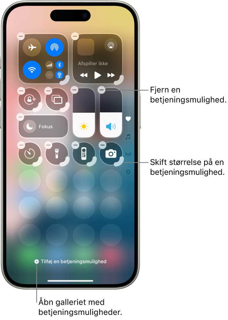 Kontrolcenter redigeres, og knappen Fjern og størrelseshåndtag vises på hver betjeningsmulighed.