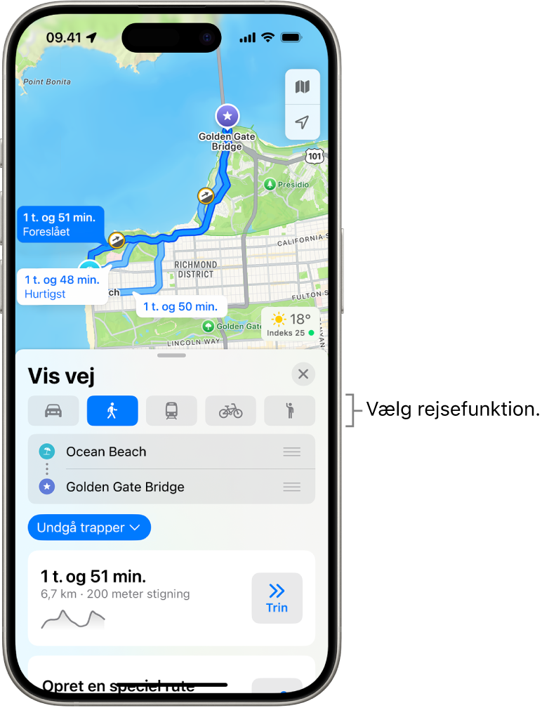 Et kort, der viser flere ruter mellem to steder og knapper til at vælge andre rejseformer, skifte startpunkt og destination og se trinvis vejvisning.