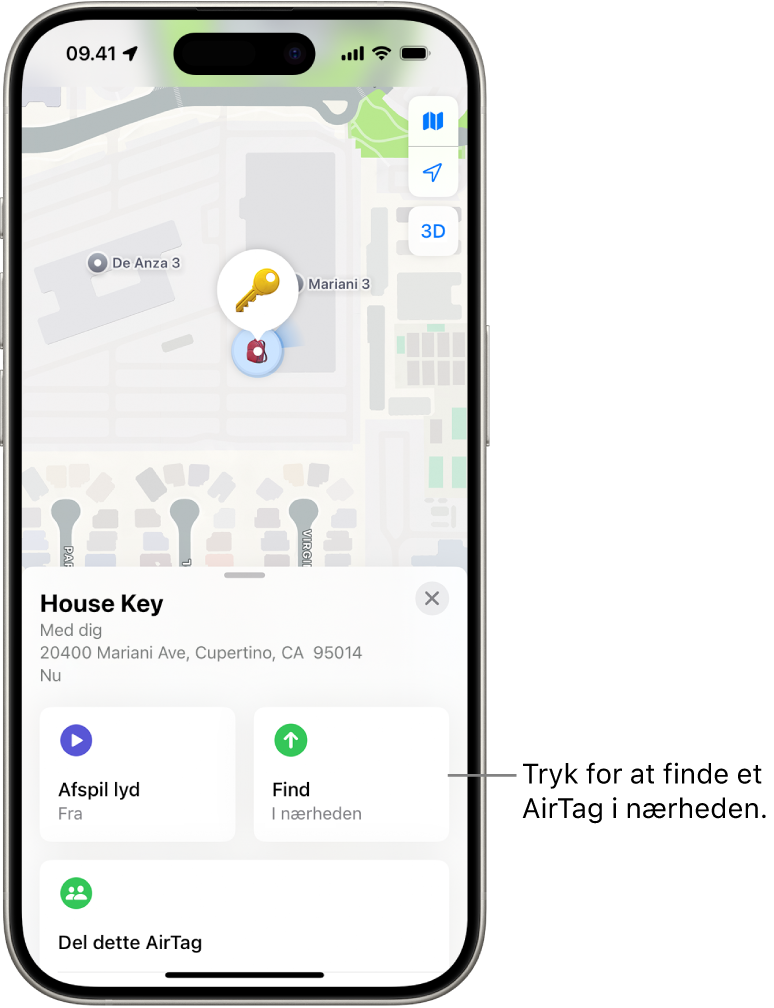 Appen Find er åben og viser Nøgler tilhørende Daniel i Golden Gate Park. Tryk på knappen Find for at lokalisere et AirTag, der befinder sig i nærheden.