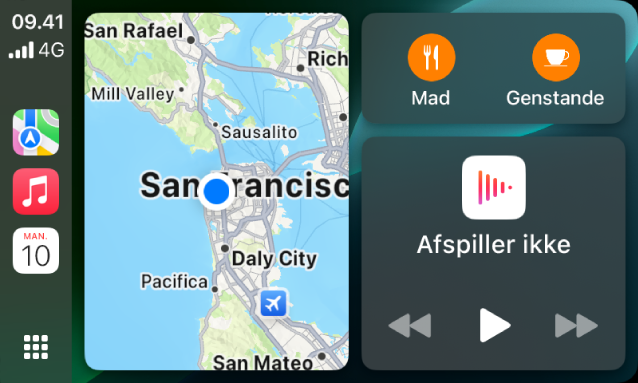 Dashboard i CarPlay, der viser Kort, Musik og Beskeder i indholdsoversigten. På højre side er der et kort over Apple Park, et navigationsvindue og vinduet Afspiller nu.