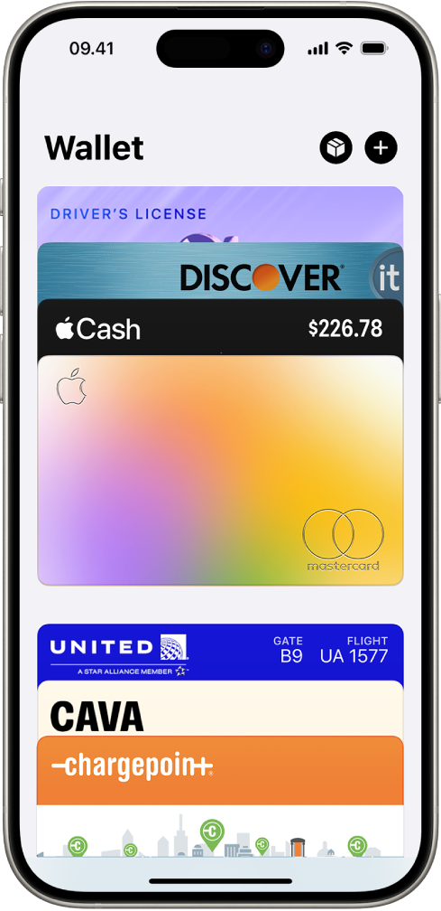 Skærmen Wallet, der viser flere kort og adgangskort.