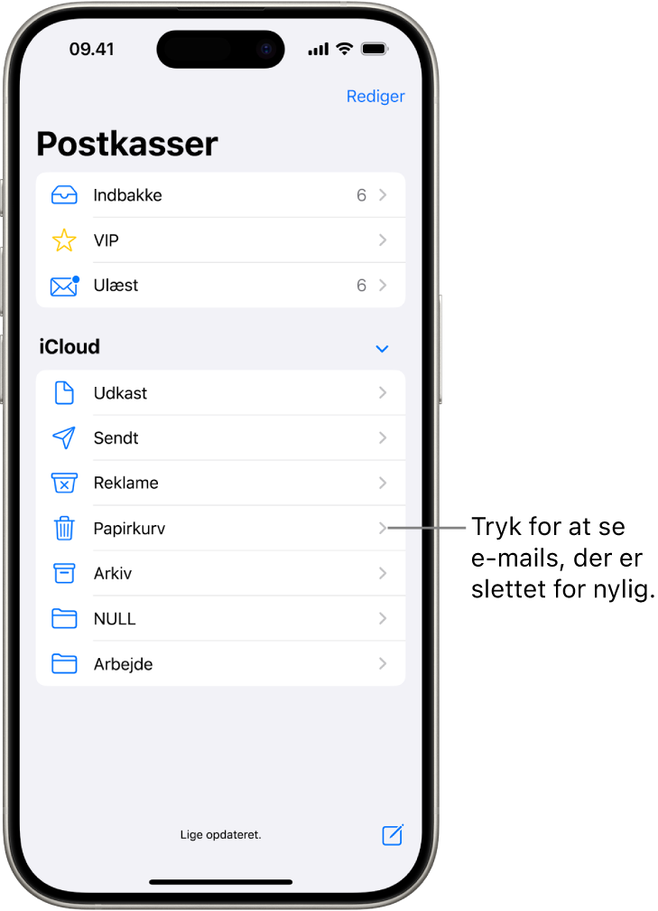 Skærmen Postkasser. Under iCloud er postkasserne vist fra top til bund, inklusive papirkurven. Tryk på den for at se nyligt slettede beskeder.