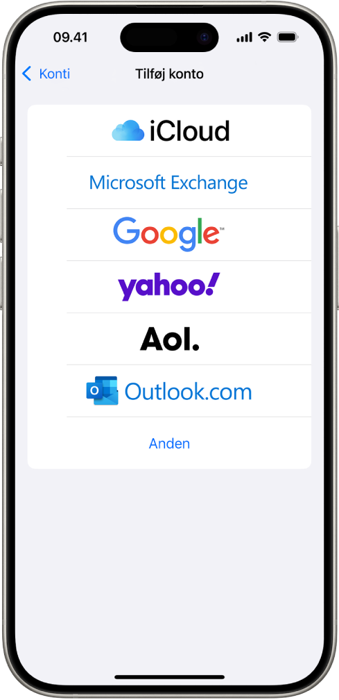 Skærmen Tilføj konto med muligheder for at vælge iCloud, Microsoft Exchange, Google, Yahoo, AOL og Andre.