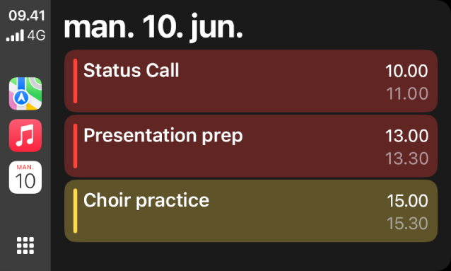 CarPlay, der viser Kort, Musik og Kalender i indholdsoversigten. Til højre er begivenhederne for mandag den 5. juni: Arbejdssession om portefølje, workshop om ledelseskompetencer, forberedelse af præsentation og kor.