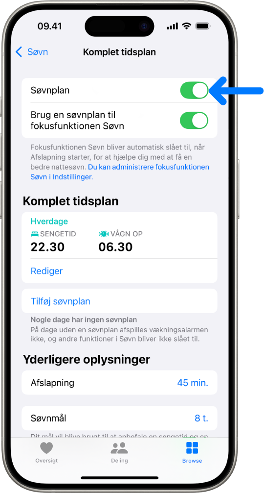 Søvnskærmen Komplet tidsplan i Sundhed med Søvnplan slået til øverst.