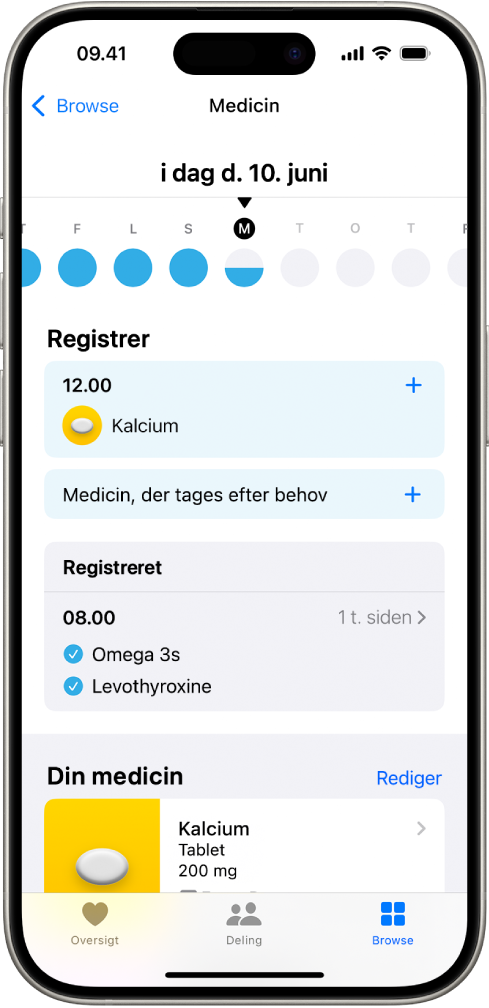 Skærmen Medicin i Sundhed viser datoen og et logarkiv for medicin.