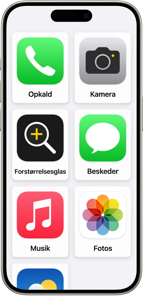 En iPhone, der viser hjemmeskærmen til Let tilgængelighed med et stort net af apps.